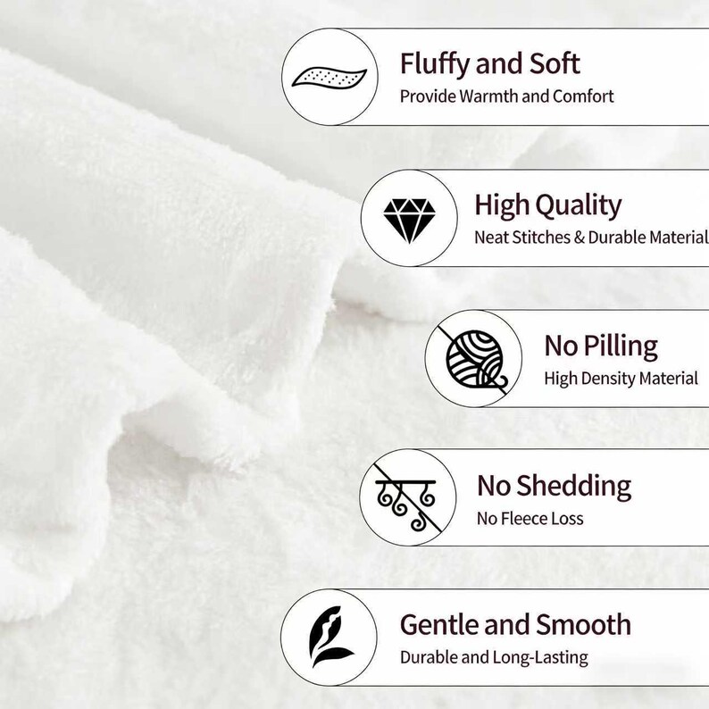 Puede incluir: Una textura de tela blanca, esponjosa y suave con cinco iconos circulares y etiquetas de texto: Fluffy and Soft, High Quality, No Pilling, No Shedding y Gentle and Smooth. El texto destaca caracter&iacute;sticas como costuras limpias y material duradero.