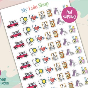 May include: Sheet of 70 appointment reminder stickers with various medical and automotive icons. Includes red cars with wrenches, teeth with shields, hearts with stethoscopes, eye charts, pill bottles, scissors, and nail polish. The text "My Lulu Shop" is at the top.