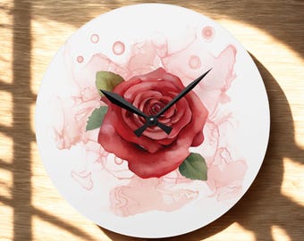 Rode roos acryl wandklok | Bloemenhuisdecoratie