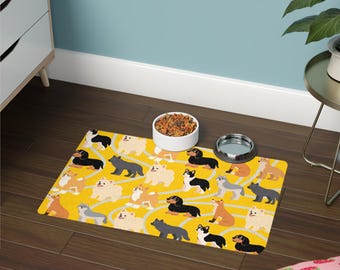 Geel hondenpatroon hondenvoermat | Placemat met puppyillustratie van 12 x 18 inch