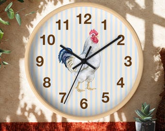 Witte wandklok illustratie haan | Decor boerderij keuken, gestreepte achtergrond