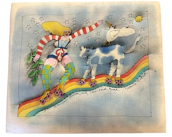 Prachtige unieke regenboogrolschaatser uit 1977 met koe- en vogelkunstwerk