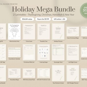 Holiday Printable Bundle, Over 55 USD of Printables for 9.99 USD, Thanksgiving, Christmas, Hanukkah, New Year Games and Planners in 6 Colors image 1