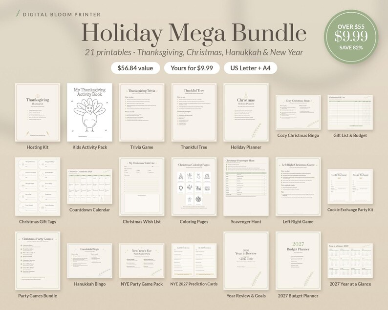 Holiday Printable Bundle, Over 55 USD of Printables for 9.99 USD, Thanksgiving, Christmas, Hanukkah, New Year Games and Planners in 6 Colors image 1