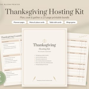 Thanksgiving Hosting Kit Printable in 6 Colors, Thanksgiving Planner, Menu, Place Cards, Table Talk Cards, Bingo, Grocery List image 1