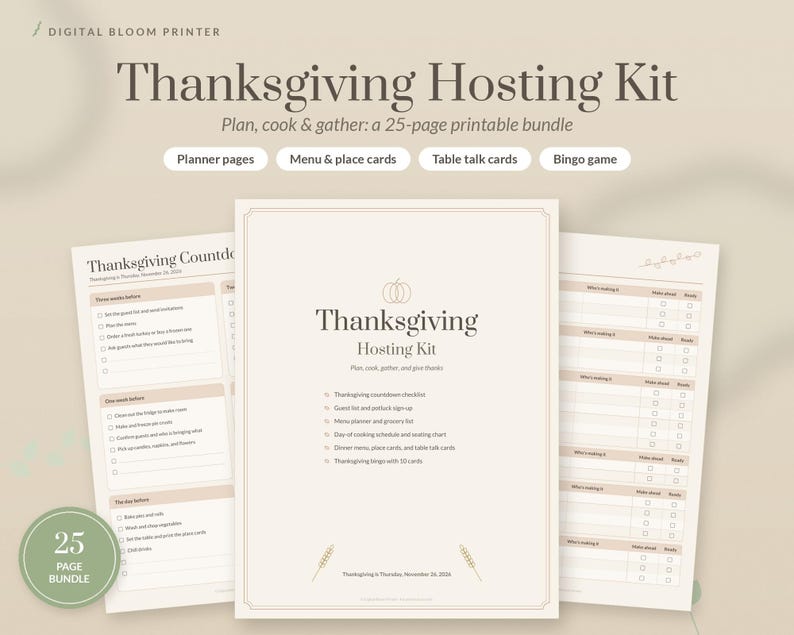 Thanksgiving Hosting Kit Printable in 6 Colors, Thanksgiving Planner, Menu, Place Cards, Table Talk Cards, Bingo, Grocery List image 1