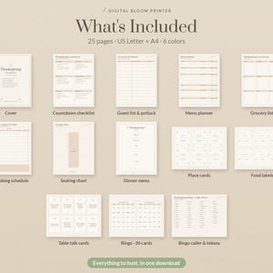 Thanksgiving Hosting Kit Printable in 6 Colors, Thanksgiving Planner, Menu, Place Cards, Table Talk Cards, Bingo, Grocery List image 3