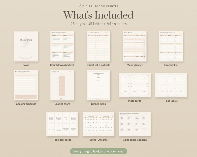 Thanksgiving Hosting Kit Printable in 6 Colors, Thanksgiving Planner, Menu, Place Cards, Table Talk Cards, Bingo, Grocery List image 3