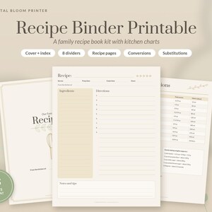 May include: A digital recipe binder printable kit featuring 18 pages to print. The set includes a cover, index, 8 dividers, recipe pages, conversion charts, and substitution lists with a beige color scheme and dark brown text.