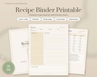 Recipe Binder Printable in 6 Colors, Family Recipe Book Kit, Recipe Pages, Dividers, Conversion Chart, Meal Plan and Grocery List PDF