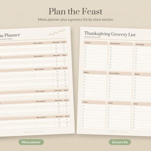 May include: A two-page printable planner set titled Plan the Feast. The left page is a Menu Planner with sections for appetizers, main course, sides, breads, dessert, and drinks. The right page is a Thanksgiving Grocery List with categorized boxes.