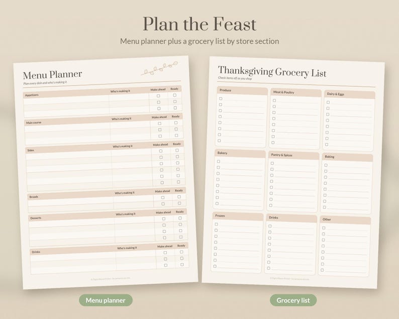 May include: A two-page printable planner set titled Plan the Feast. The left page is a Menu Planner with sections for appetizers, main course, sides, breads, dessert, and drinks. The right page is a Thanksgiving Grocery List with categorized boxes.