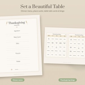 May include: A printable Thanksgiving dinner menu and two bingo cards on a light beige background. The menu features sections for appetizers, main course, sides, desserts, and drinks. The bingo cards contain a grid with text labels.