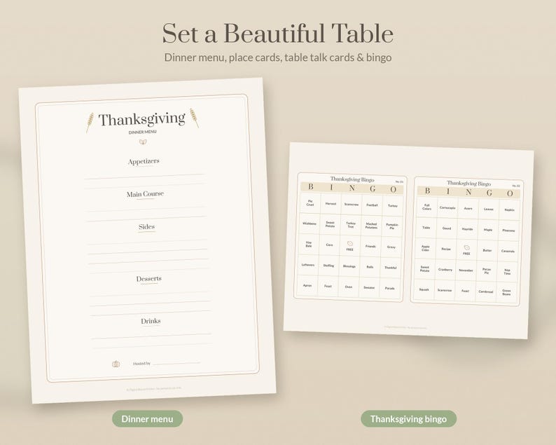 May include: A printable Thanksgiving dinner menu and two bingo cards on a light beige background. The menu features sections for appetizers, main course, sides, desserts, and drinks. The bingo cards contain a grid with text labels.