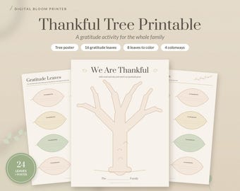 Thankful Tree Printable, Gratitude Tree with Leaves, Thanksgiving Activity for Kids and Family, Fall Decor, 4 Colors PDF