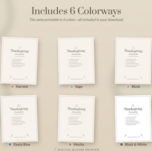 Thanksgiving Hosting Kit Printable in 6 Colors, Thanksgiving Planner, Menu, Place Cards, Table Talk Cards, Bingo, Grocery List image 2