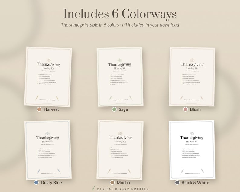 Thanksgiving Hosting Kit Printable in 6 Colors, Thanksgiving Planner, Menu, Place Cards, Table Talk Cards, Bingo, Grocery List image 2