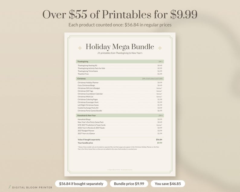 Holiday Printable Bundle, Over 55 USD of Printables for 9.99 USD, Thanksgiving, Christmas, Hanukkah, New Year Games and Planners in 6 Colors image 3