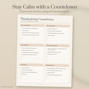 May include: A printable Thanksgiving countdown checklist titled Stay Calm with a Countdown, featuring a three-week schedule with checkboxes for tasks like planning menus, grocery shopping, and cooking, ending on Thanksgiving Day, November 26, 2026.