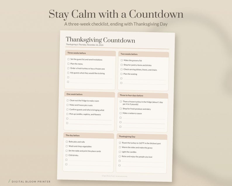 May include: A printable Thanksgiving countdown checklist titled Stay Calm with a Countdown, featuring a three-week schedule with checkboxes for tasks like planning menus, grocery shopping, and cooking, ending on Thanksgiving Day, November 26, 2026.
