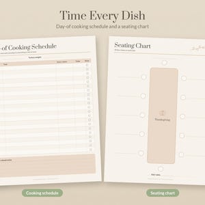 May include: Two printed planning sheets titled Time Every Dish. The left sheet is a Day-of Cooking Schedule with columns for time, task, oven status, temperature, and checkboxes. The right sheet is a Seating Chart with a central table graphic.