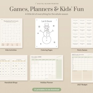 Holiday Printable Bundle, Over 55 USD of Printables for 9.99 USD, Thanksgiving, Christmas, Hanukkah, New Year Games and Planners in 6 Colors image 5