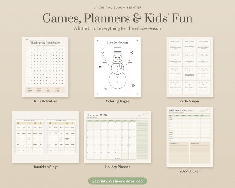 Holiday Printable Bundle, Over 55 USD of Printables for 9.99 USD, Thanksgiving, Christmas, Hanukkah, New Year Games and Planners in 6 Colors image 5
