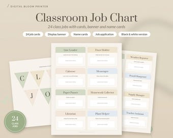 Classroom Job Chart Printable, 24 Class Job Cards, Classroom Jobs Display, Student Helper Chart, Teacher Classroom Decor, Color and B&W PDF