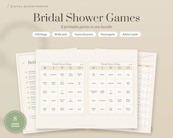 Bridal Shower Games Bundle Printable in 6 Colors, Gift Bingo, Who Knows the Bride Best, Whats in Your Purse, Advice Cards, Wedding PDF