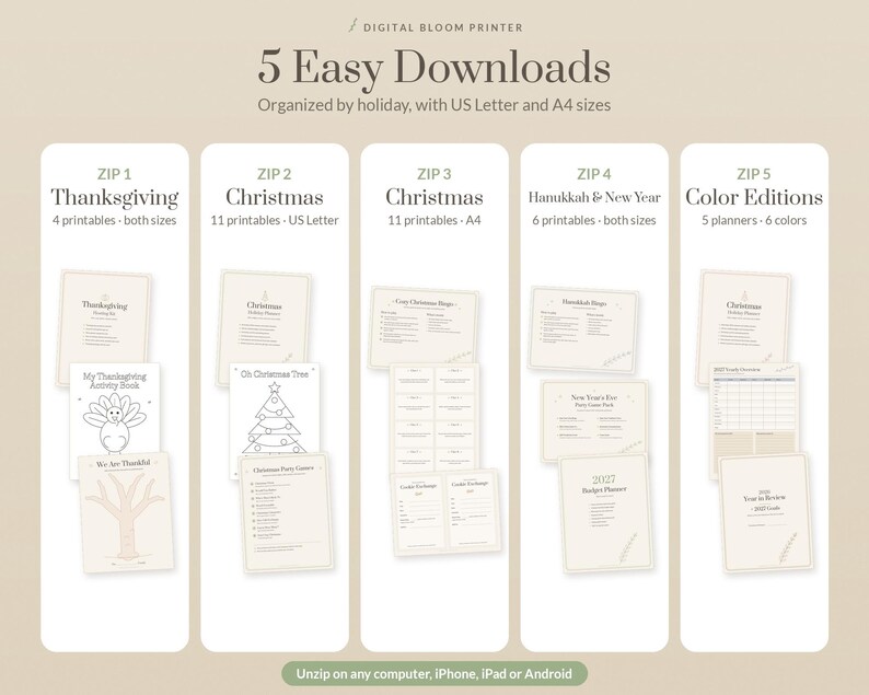 Holiday Printable Bundle, Over 55 USD of Printables for 9.99 USD, Thanksgiving, Christmas, Hanukkah, New Year Games and Planners in 6 Colors image 4