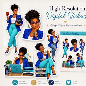 Puede incluir: Un conjunto de pegatinas digitales con ilustraciones de una persona docente de piel oscura y cabello rizado, con blazer azul, top blanco y gafas. Las pegatinas incluyen textos como Teacher Baddie, Lesson Plans y Teach Love Inspire.