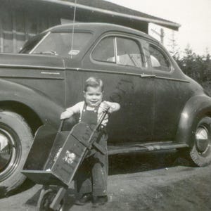 Toddler Boy Pushing Wheel Barrow Vintage Photo (Digital Download)