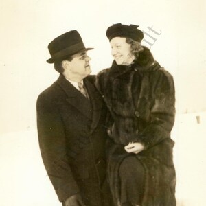 1930s Couple in Snow Vintage Photo, Sepia Snapshot (Digital Download)