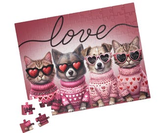 Lindo rompecabezas con temática de perro y gato para el Día de San Valentín / Rompecabezas para amantes de las mascotas