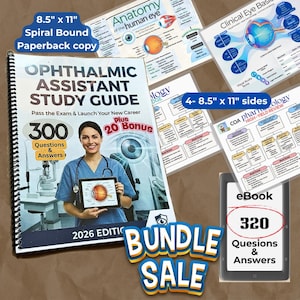 Può includere: Una guida allo studio rilegata a spirale intitolata "Ophthalmic Assistant Study Guide" con 300 domande e risposte, più 20 bonus. La copertina presenta una donna che tiene in mano un tablet con un diagramma dell'occhio. Include lati di 21,6 cm x 27,9 cm e un eBook.
