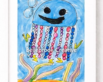 Happy Jellyfish Print | Kids Ocean Nursery Art | Whimsical Sea Creature Illustration | Children’s Room Decor | Instant Download
