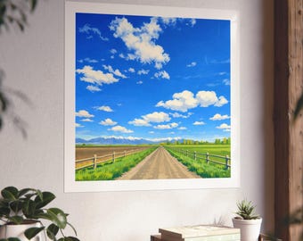 Country Road Landscape Poster | Blue Sky Clouds Fine Art Print