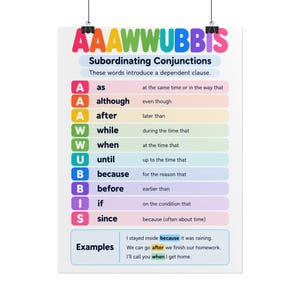May include: An educational poster titled AAAWWUBBIS Subordinating Conjunctions. It lists conjunctions like as, although, after, while, when, until, because, before, if, and since with definitions and example sentences at the bottom on a white background.