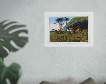 Tiger Pair in the Asian Jungle | Restored Antique Wildlife Lithograph
