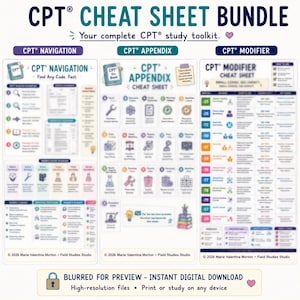 May include: A CPT Cheat Sheet Bundle featuring three educational charts titled CPT Navigation, CPT Appendix, and CPT Modifier. The charts contain medical coding information, icons, and text. The bottom includes a notice that the files are blurred for preview.