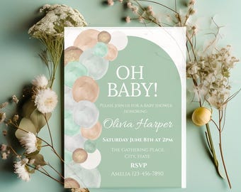 Invitación moderna para baby shower en verde salvia (¡Oh, Baby!), para niño o niña (plantilla editable de Canva)
