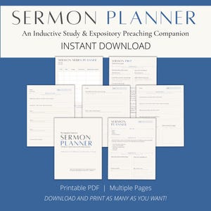 May include: A digital sermon planner set featuring multiple printable pages with headers like Sermon Series Planner, Sermon Prep, and Sermon Planner. The documents include structured fields for inductive study and expository preaching notes.