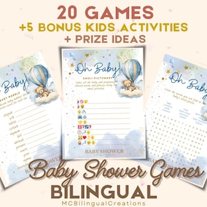 May include: Baby shower games set with three different designs. Each game sheet features a watercolor illustration of a teddy bear in a hot air balloon. The text includes "Oh Baby!" and "Baby Shower Games". The set includes 20 games, 5 bonus kids activities, and prize ideas.
