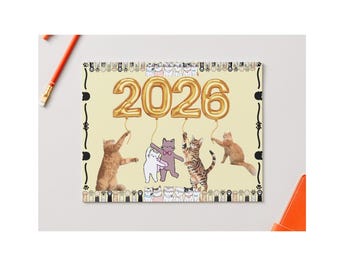 Digital and Printable Cat Themed 2026-2027 Wall Monthly Calendar Instant Download