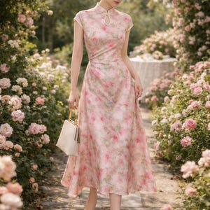 ピンクの花柄シルク調テンセルドレス（マンダリンカラー）｜ネオチャイニーズドレス 画像 1