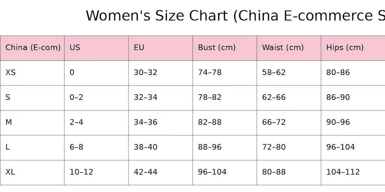 K&ouml;nnte beinhalten: Eine Gr&ouml;&szlig;entabelle f&uuml;r Damenbekleidung mit Ma&szlig;en in Zentimetern. Die Tabelle umfasst Gr&ouml;&szlig;en von XS bis XL mit entsprechenden US-, EU- und China (E-com)-Gr&ouml;&szlig;en sowie Brust-, Taillen- und H&uuml;ftumf&auml;ngen.