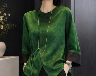 Green Silk-like Floral Blouse | Handmade Modern Oriental Top