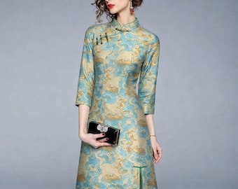 ゴールドアクアブロケードチャイナドレス – 織りジャカードチャイナドレス、ミニイブニングドレス