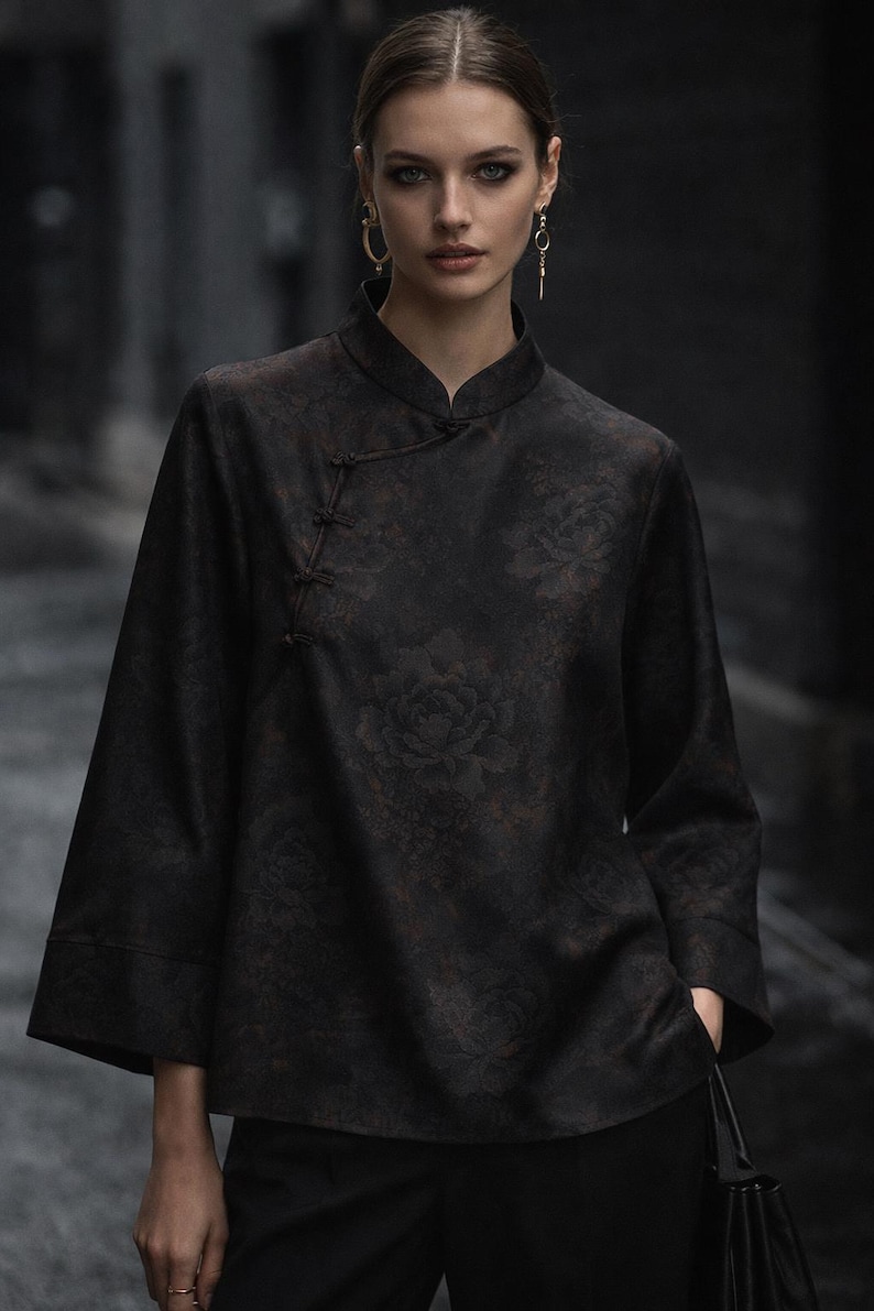 Anthrazit Jacquard Tencel Bluse | Silk-Feel Floral Stehkragen Top Bild 1