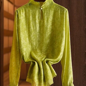Emerald Tencel Satin Blouse – Keyhole Neck Long Sleeve Minimalist Top image 4